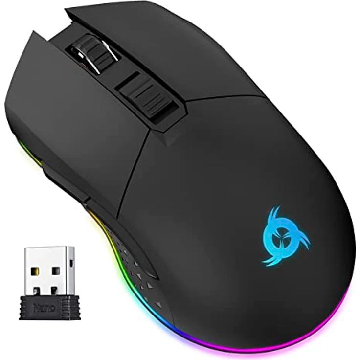 KLIM Blaze - Wiederaufladbare kabellose RGB Gaming Maus - NEU 2023 - Hochpräziser Sensor mit Langer Akkudauer - Einstellbar auf bis zu 10000 DPI - Kabel- und Funk Maus Modus (Schwarz) – Bild 1