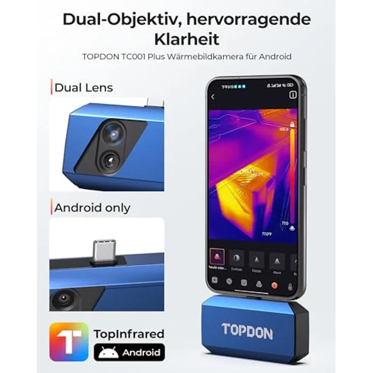 TOPDON TC001 Plus Wärmebildkamera, 512 x 384 IR Auflösung, -20 bis 550 °C, Dual-Objektiv Thermokamera für Elektrik und HVAC-Inspektionen, mit USB-Verlängerungskabel und EVA-Tasche – Bild 3