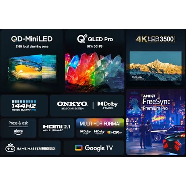 TCL 75Q10B 75 Zoll QLED PRO MiniLED Fernseher, 4K UHD, 4K HDR Premium 3500nits, Smart Google TV mit 144Hz Motion Clarity Pro und Onkyo 2.1.2 Dolby Atmos Sound, Schwarz – Bild 3