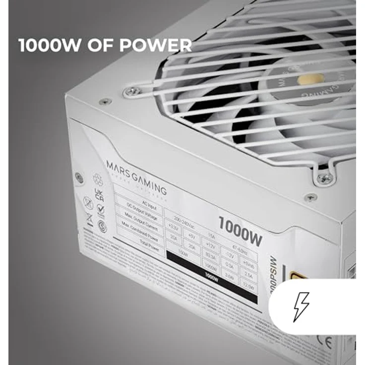 MARS GAMING MPB1000PSI, Vollmodulares ATX-Netzteil 1000W, 80Plus Gold 90%, 10 Jahre Garantie, 140mm SI-Lüfter, Weiß – Bild 2