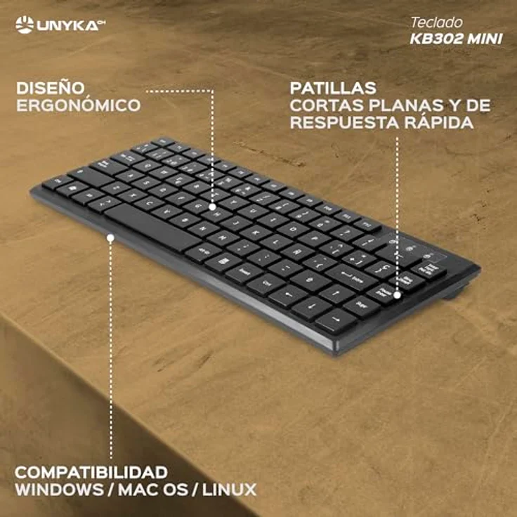 Unykach KB302 Mini Ultraflache Tastatur, 83 Tasten, leise, mattschwarz, USB-Anschluss, spanisches QWERTY-Layout, universelle Kompatibilität – Bild 3