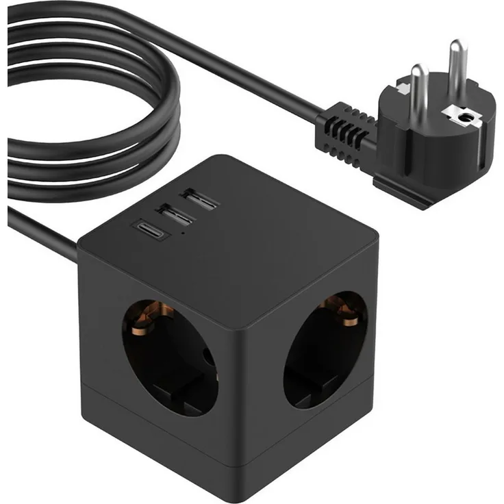 Accezz PowerCube Strip, 6-in-1 Steckdosenleiste mit 1x USB-C (25W), 2x USB-A (18W), 3 Steckdosen, flammhemmendes Gehäuse, inkl. 1,8m Verlängerungskabel