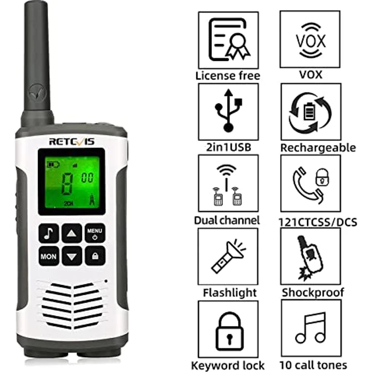 Retevis RT45 Walkie Talkie Funkgerät Lizenzfrei 16 Kanäle VOX Rufton Taschenlampe PMR Funkgerät Set Wiederaufladbar USB Ladekabel(1 Paar) – Bild 2