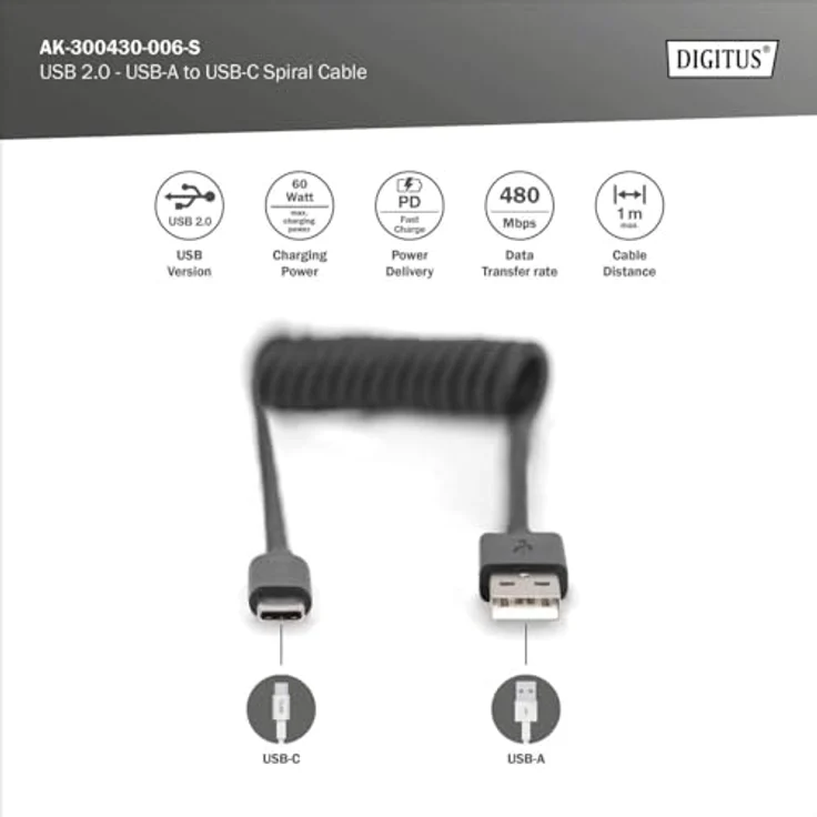 DIGITUS USB 2.0 Spiralkabel, USB-A auf USB-C, flexibel bis 1 m, schwarz, Datenrate bis 480 Mbit/s – Bild 2