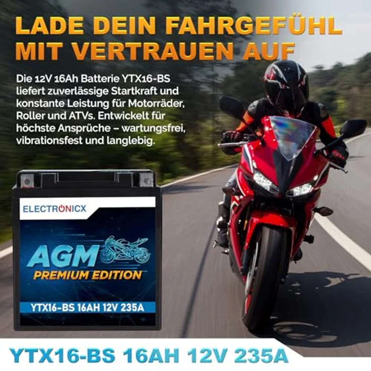 Electronicx YTX16-BS AGM Motorradbatterie 16Ah 12V – wartungsfrei, rüttelfest, auslaufsicher für Motorrad, Roller, Quad und ATV – Bild 2