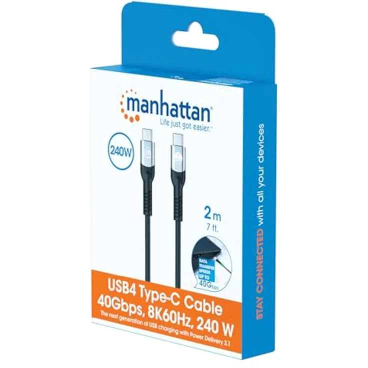 MANHATTAN USB4 USB-C Ladekabel 240W, 40Gbit/s, 8K Unterstützung, 2m, schwarz – Bild 10