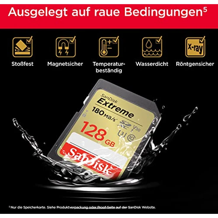 SanDisk Extreme SDXC UHS-I Speicherkarte 128 GB (V30, 180 MB/s Übertragung, U3, 4K UHD Videos, SanDisk QuickFlow-Technologie, wasserdicht, stoßfest, temperaturbeständig) – Bild 5