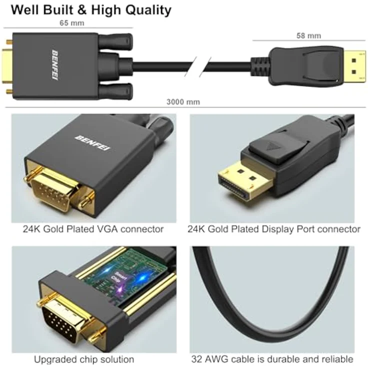 DisplayPort zu VGA 1,8 m Kabel, benfei Display Port auf VGA Adapter Stecker auf Stecker vergoldet Kordel für Lenovo, Dell, HP, Asus und andere Marke – Bild 7