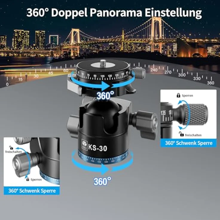 SIRUI KS-30 Flacher Kugelkopf 36mm, 360° Doppel-Panorama Aluminium Stativkopf für Kamera Camcorder, Maximale Belastbarkeit 20 kg – Bild 4