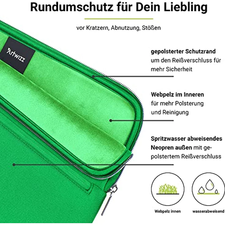 Artwizz Neoprene Sleeve Pro Tasche, MacBook Air 13 (2018-2024), MB Pro 13 (2016-2022), Schutzhülle mit Zubehör-Fach, Grass Green – Bild 2