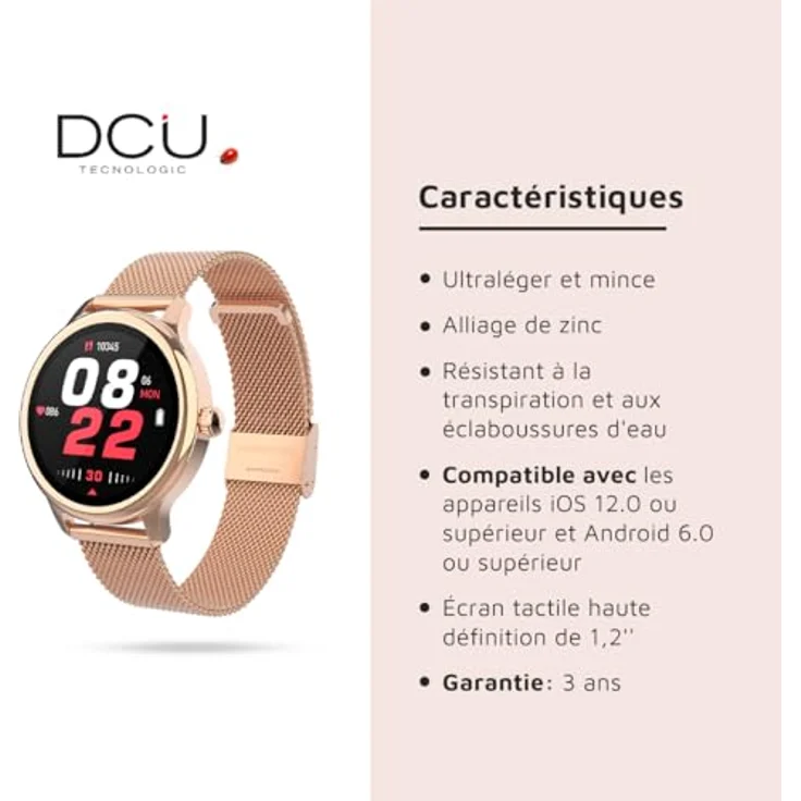 DCU TECNOLOGIC Sophie Smartwatch, Damen, Roségold, Metallband, 1,2 Zoll HD-Touchscreen, IP67 wasserdicht, 22 Sportmodi, DCU Smart App – Bild 5