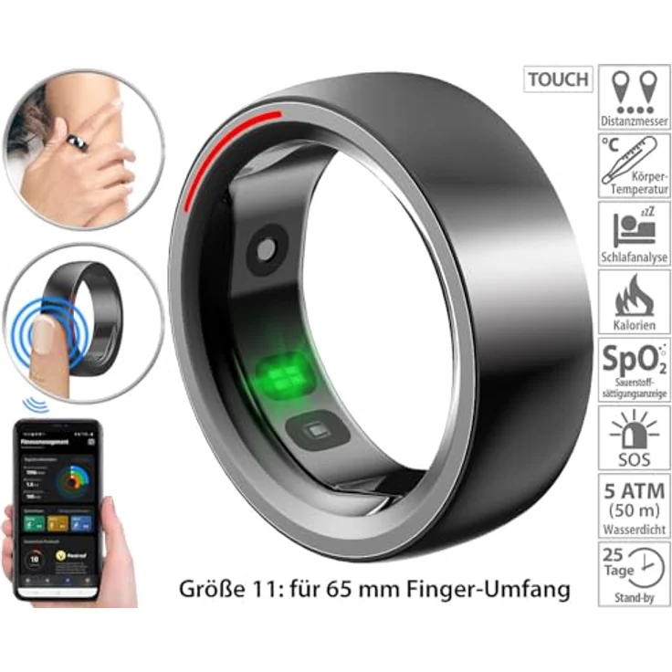 Newgen Medicals Smarter Ring: Fitness- & Schlaftracker-Ring mit Herzfrequenz- & SpO2-Anzeige, Gr. 65 (Fingerringe Herren, Fitness Tracker Ring, Armbanduhren) - Schwarz – Bild 4