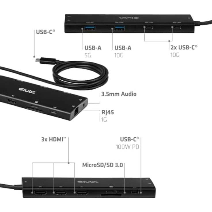 Club 3D CSV-2556, 12-in-1 USB-C auf Triple HDMI Hub mit DP2.1, PD3.0, 100W, 4K Unterstützung, 10Gbps USB 3.2, Schwarz – Bild 5