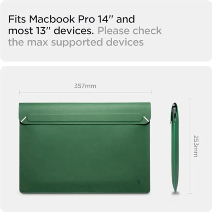Spigen Valentinus Sleeve Laptop 13-14, robuste Notebooktasche mit eingebauter Magnetklappe und Aussparungen für Anschlüsse, Jeju Green – Bild 5