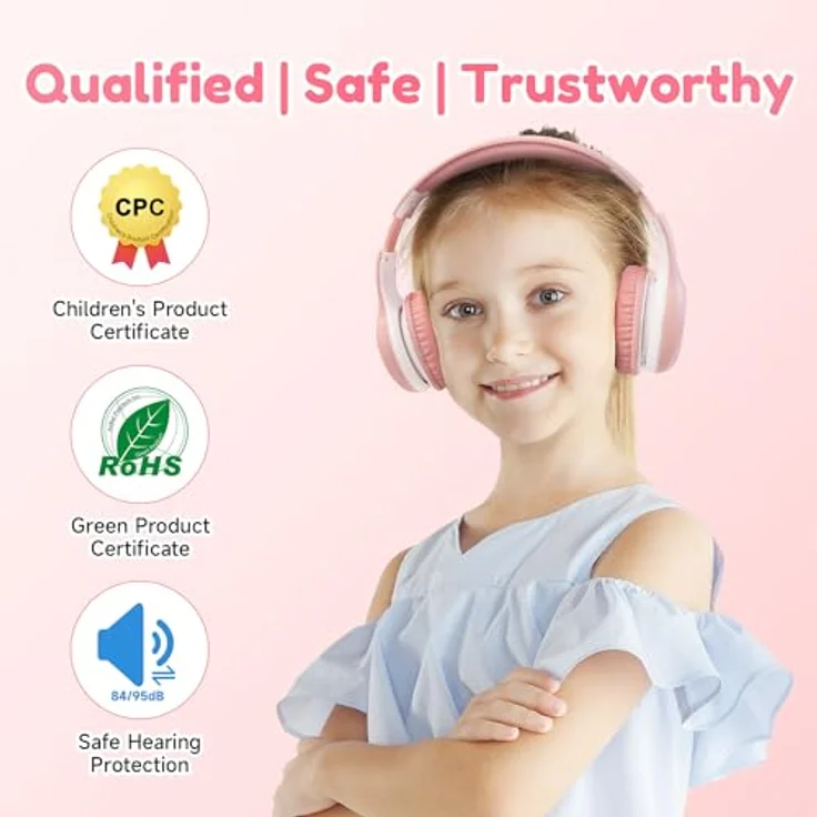 EarFun Bluetooth Kopfhörer Kinder, 85/94dB Lautstärkeregelung, HiFi Sound, HD-Mikrofon, 40 Std Akku, faltbar und verstellbar, kabellos, rosa – Bild 2