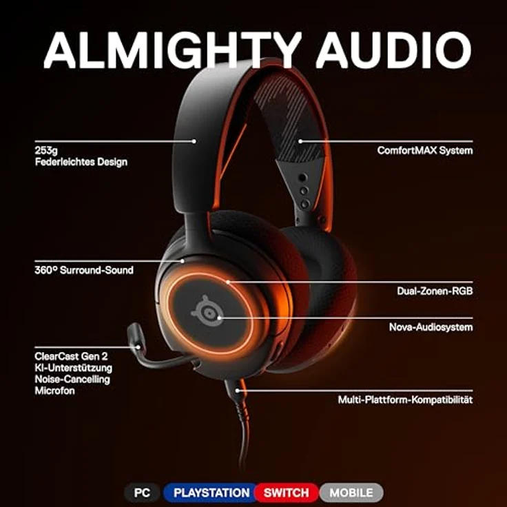 SteelSeries Arctis Nova 3 - Multi-System Gaming-Headset - Hi-Fi-Treiber - 360° Surround-Sound - RGB-Beleuchtung - Memory Foam – Bild 3