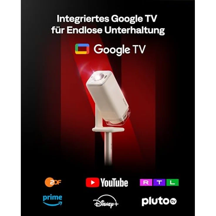 Aurzen Boom Air Mini Beamer, tragbarer Smart Projektor mit Google TV & Netflix, 4K Unterstützung, Dolby Audio, TOF Autofokus, Drehbarer Ständer, Cremeweiß – Bild 2