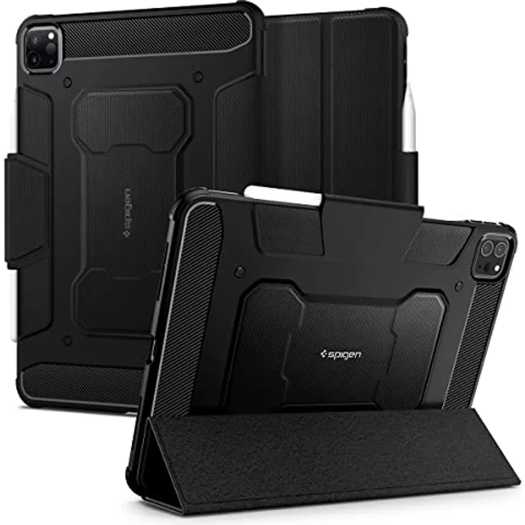 Spigen Rugged Armor Pro Hülle Kompatibel Mit iPad Pro 12.9 Zoll Generation 6 2022 | 5 2021 mit Apple Pencil (2. Gen) Halter - Schwarz