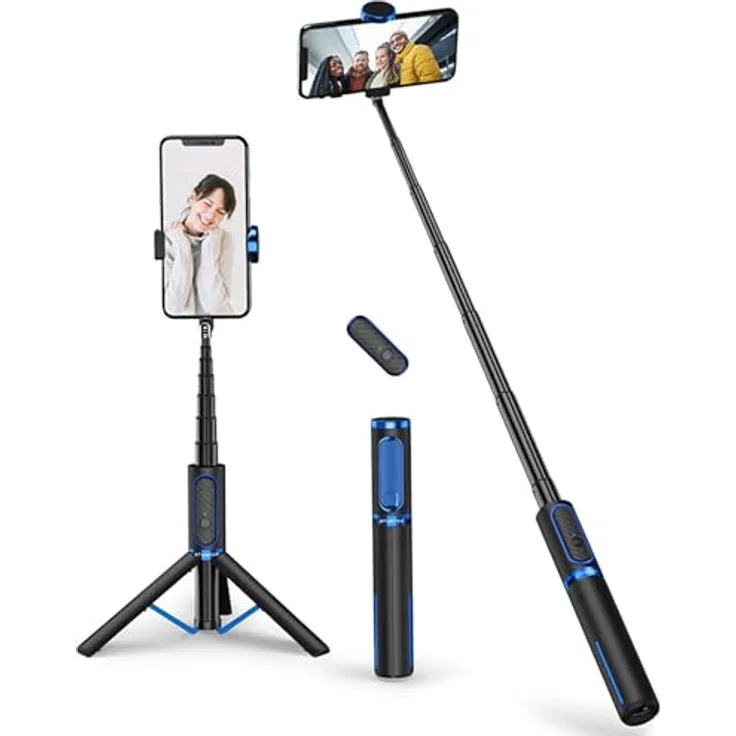 ATUMTEK 3-in-1 Selfie Stick Stativ, Ausziehbares Aluminium Handy Stativ mit kabelloser Bluetooth-Fernbedienung, kompatibel mit iPhone 17/16/15/14/13/12 mini/11 Pro und Samsung Smartphones, Blau