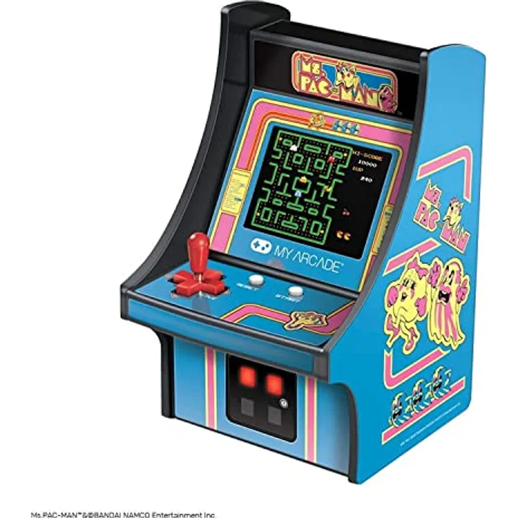 My Arcade Micro Player Ms. Pac-Man, 6.75 Zoll Konsolenspiel mit 2.75 Zoll vollfarbigem Hintergrundlicht, abnehmbarem Joystick und externem Lautsprecher