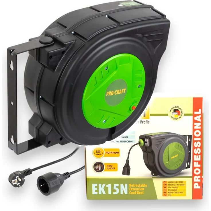 PRO CRAFT Procraft EK15N, Selbsteinziehendes Verlängerungskabel 15 m mit 3200 W Leistung, IP20 Schutzklasse und automatischem Aufrollmechanismus