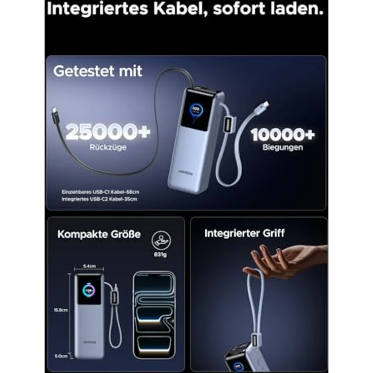 UGREEN Nexode Pro Power Bank 25000mAh, 200W Schnellladen mit einziehbarem 68cm USB-C Kabel, kompatibel mit MacBook Pro, Dell XPS, iPad Pro, Galaxy S25 Ultra, iPhone 17 – Bild 5