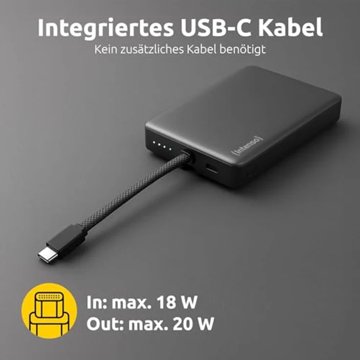 Intenso MC10000 Powerbank, 10.000 mAh mit magnetischer Rückseite, integriertem USB-C Kabel, ultraschnelles Laden PD 3.0 (20W), grau, geprüft in Deutschland – Bild 3