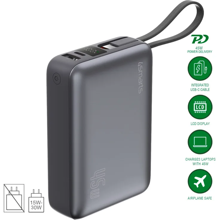 4Smarts Powerbank Enterprise Compact, 130 W, integriertes USB-C-Kabel, smartes Display, flugzeugtauglich