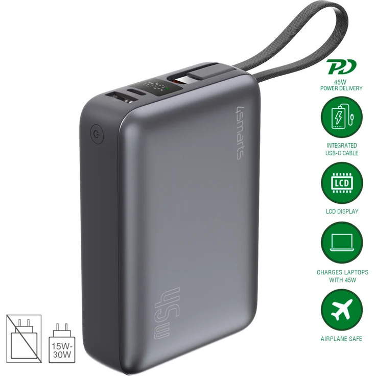 4Smarts Powerbank Enterprise Compact, 130 W, integriertes USB-C-Kabel, smartes Display, flugzeugtauglich