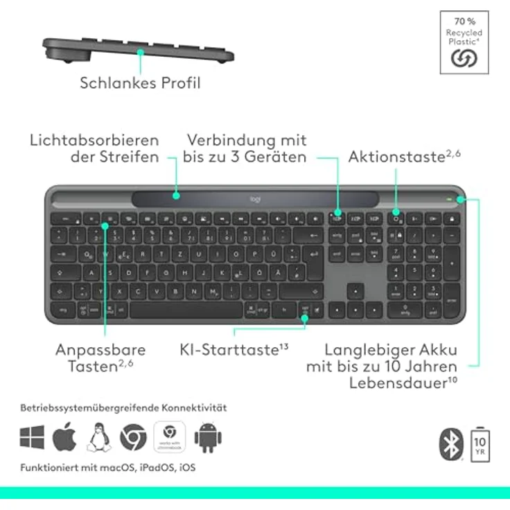 Logitech Slim Solar+ Keyboard (DE, kabellos), kompakte Tastatur mit Solarenergieversorgung, Schwarz – Bild 7