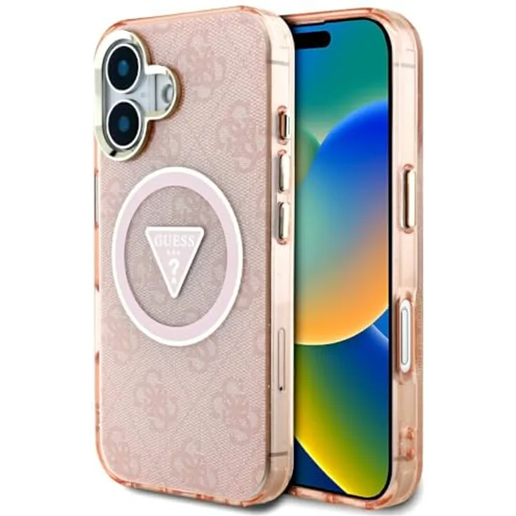 CG MOBILE Guess IML Metall Glitzer 4G Circle Triangle, MagSafe kompatible Handyhülle für iPhone 16, Rosa