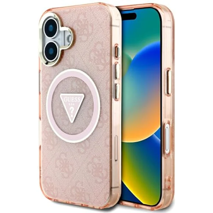 CG MOBILE Guess IML Metall Glitzer 4G Circle Triangle, MagSafe kompatible Handyhülle für iPhone 16, Rosa – Bild 1