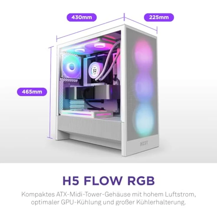 NZXT H5 Flow RGB 2024 ATX-Mid-Tower-PC-Gaming-Gehäuse - Hoher Luftstrom - F360 RGBCore-Lüfter - 360mm & 240mm Kühlerhalterung - Weiß – Bild 2