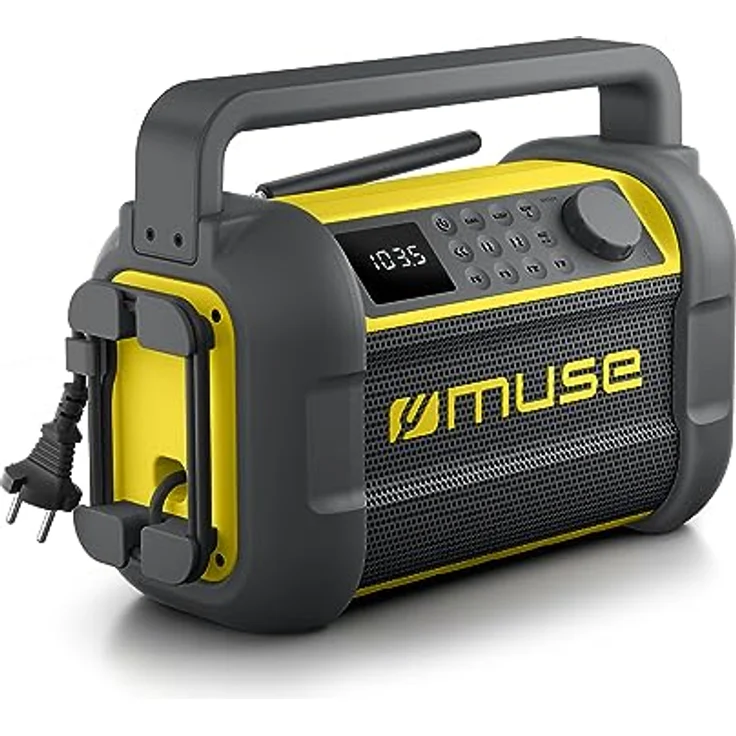 Muse M-928 BTY Baustellenradio, robust, Staub- und spritzwassergeschützt (IP64), mit Bluetooth und UKW Radio, integriertem Ladegerät und USB-C-Anschluss, schwarz-gelb – Bild 1