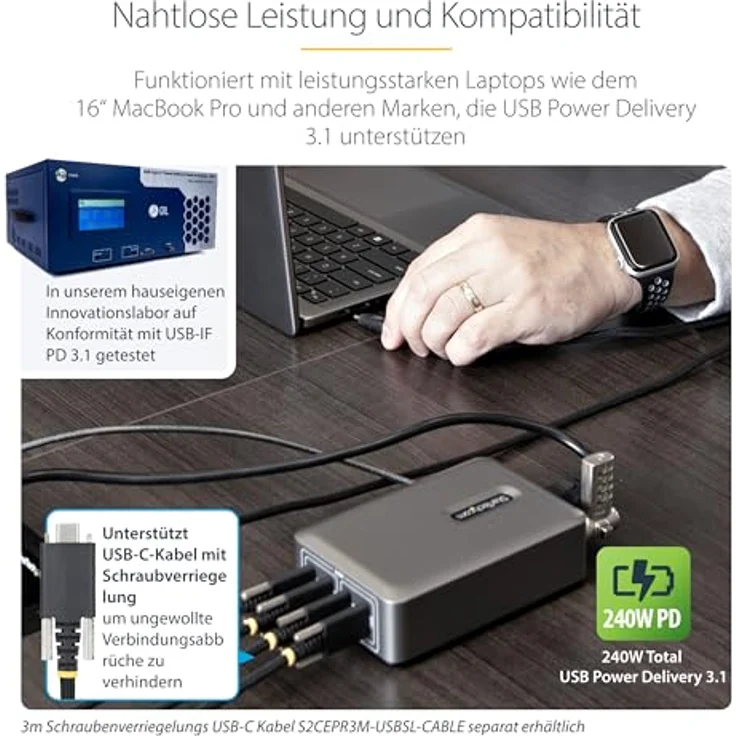 Startech.com 4-Port USB-C Charger, 240W Netzteil mit Power Delivery 3.1 und Oberflächenmontagehalterung – Bild 3
