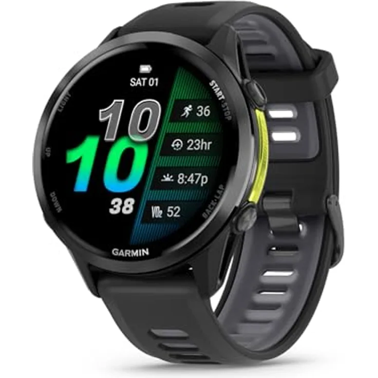 Garmin® Forerunner® 970, Premium GPS-Lauf- und Triathlon-Smartwatch mit AMOLED-Display, integrierter LED-Taschenlampe, Carbongrau DLC Titan, schwarzem Gehäuse und schwarz-durchscheinendem Weißstein-Band