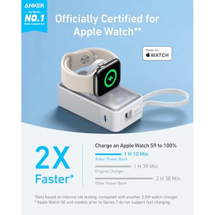 Anker MagGo Powerbank für Apple Watch, 10.000mAh mit integriertem USB-C-Kabel, 35W Max. -  Offiziell zertifiziert für Apple Watch, kompakt und reisefreundlich - Blau – Bild 2