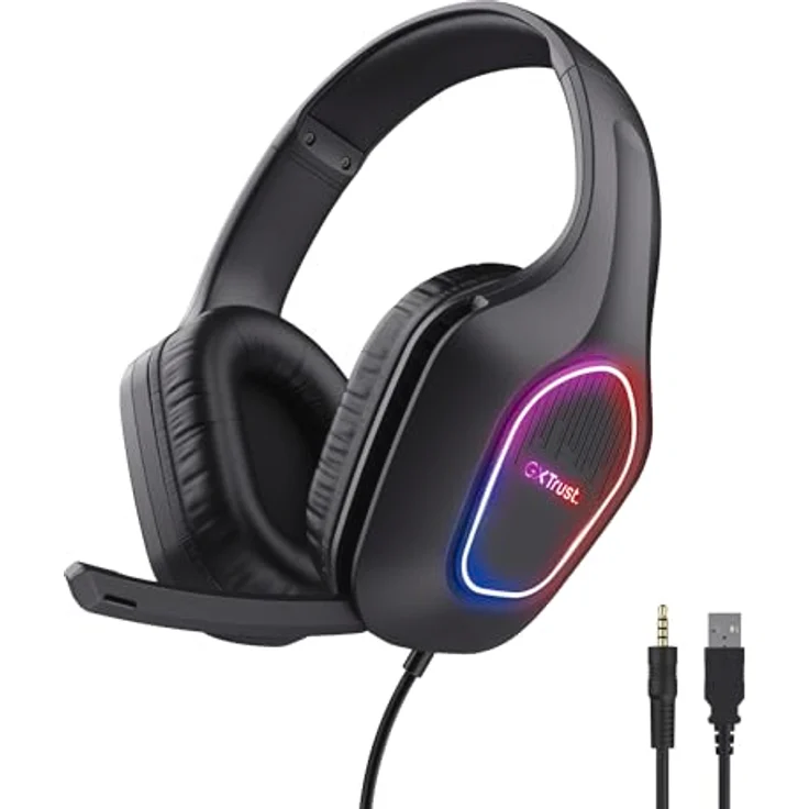 Trust Gaming GXT 419 Rayne Leichtes Gaming Headset für PC/Konsole, Schwarz, USB-betriebene LED Beleuchtung, 50-mm-Treiber, Over-Ear mit Kabel, multiplattformkompatibel – Bild 1