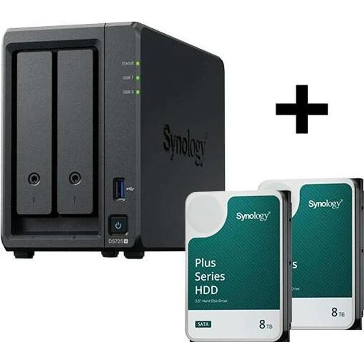 Synology Disk Station DS725+ NAS-Server mit 16 TB (2 x 8 TB) SATA 6Gb/s Festplatten, Hot-Swapping-Funktion, für Sicherheit und einfache Handhabung