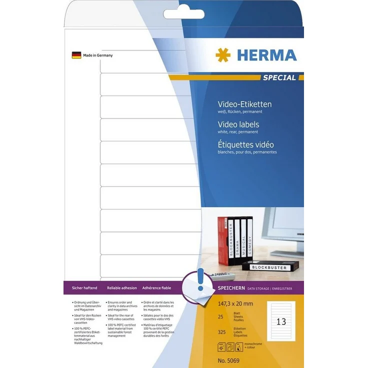 HERMA Aktenordner HERMA Video-Etiketten SPECIAL, 147,3 x 20 mm, weiß - Ideal zur Beschriftung von VHS-Videokassetten – Bild 1