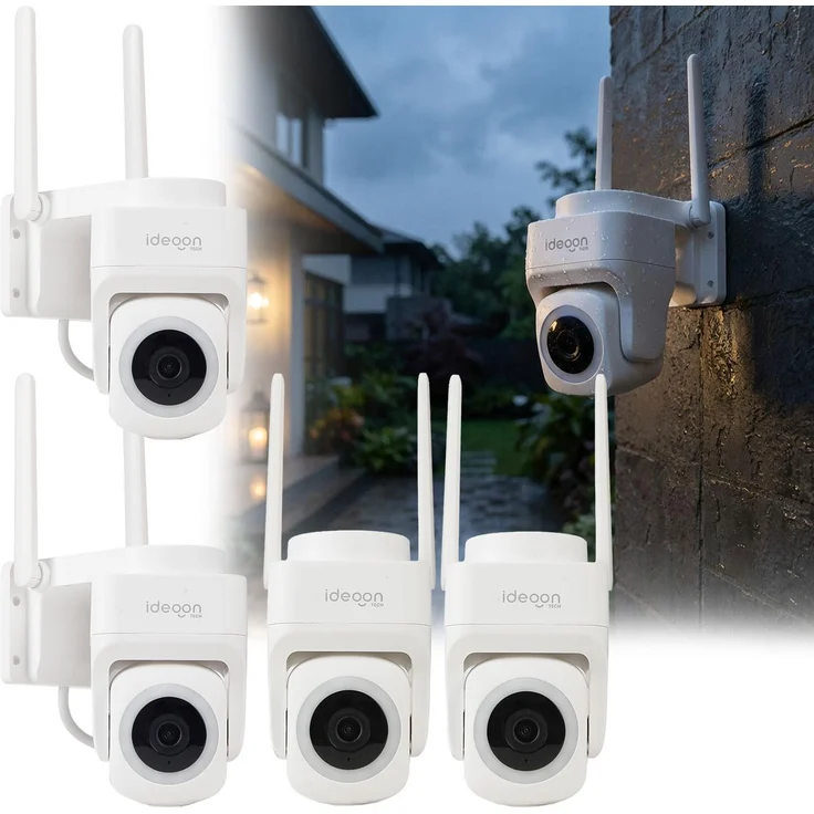 ideoon 4er-Set Outdoor Überwachungskamera 2K, WLAN IP65 wetterfest, 355° Drehung, Personenerkennung, Nachtsicht & Intercom-System