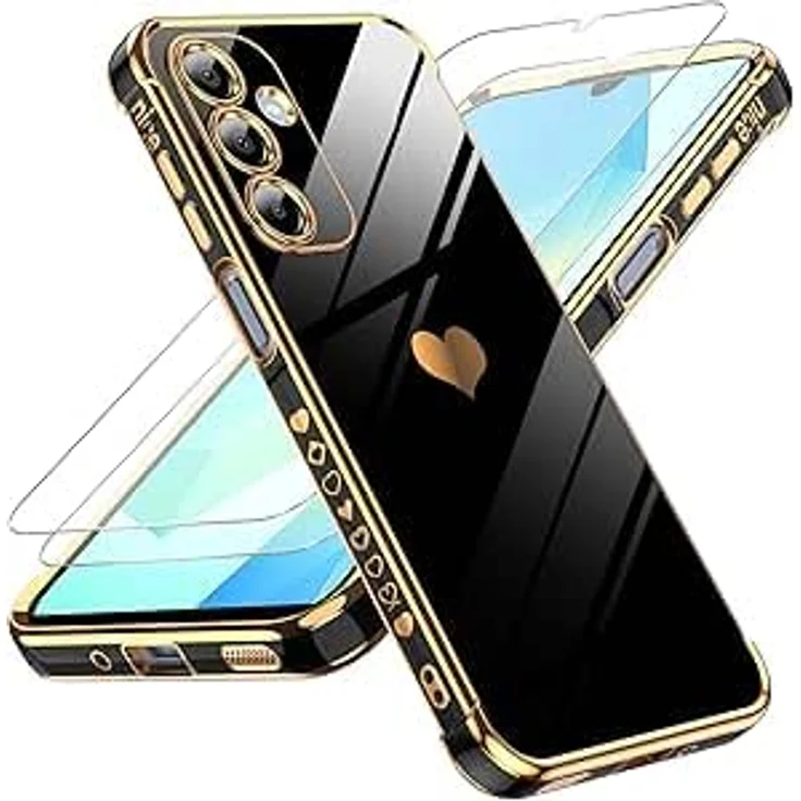 LeYi Handyhülle für Samsung Galaxy A16 5G, TPU Silikon Schutzhülle mit Cute Herz Muster und 2 Schutzfolien, Stoßfest, Kratzfest, Kameraschutz, Schwarz – Bild 1