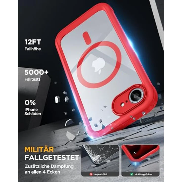 Miracase iPhone 17e & 16e Hülle für MagSafe, 360° Ganzkörper-Schutz, kratzfester Panzerglas-Schutz, vollflächiger Kameraschutz, langlebig, rot – Bild 4
