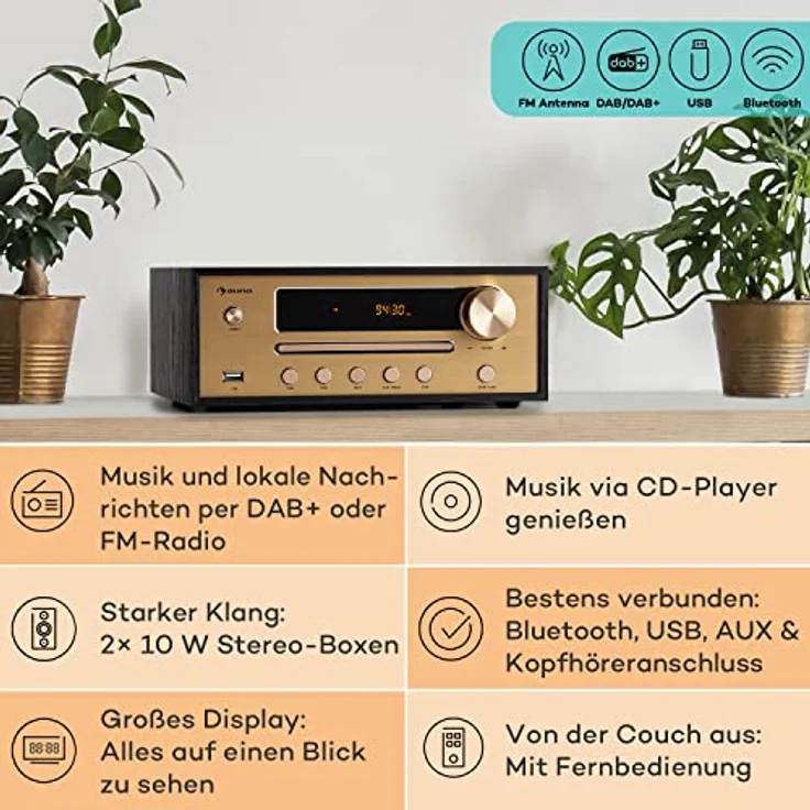 Auna Stereoanlage, Kompaktanlage mit CD-Player, Bluetooth und FM-Radio, Mini mit Lautsprecher, Musikanlage mit AUX & USB, Fernbedienung, LED-Display, MP3 & Streaming, Musik-Anlage Kompakt – Bild 2