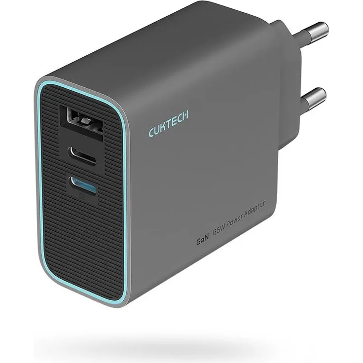 Cuktech CUKAD653EU 65W GaN Ladegerät, Wandladegerät mit 2 x USB-C und 1 x USB-A, Grau, unterstützt PD3.0, QC3.5 und PPS