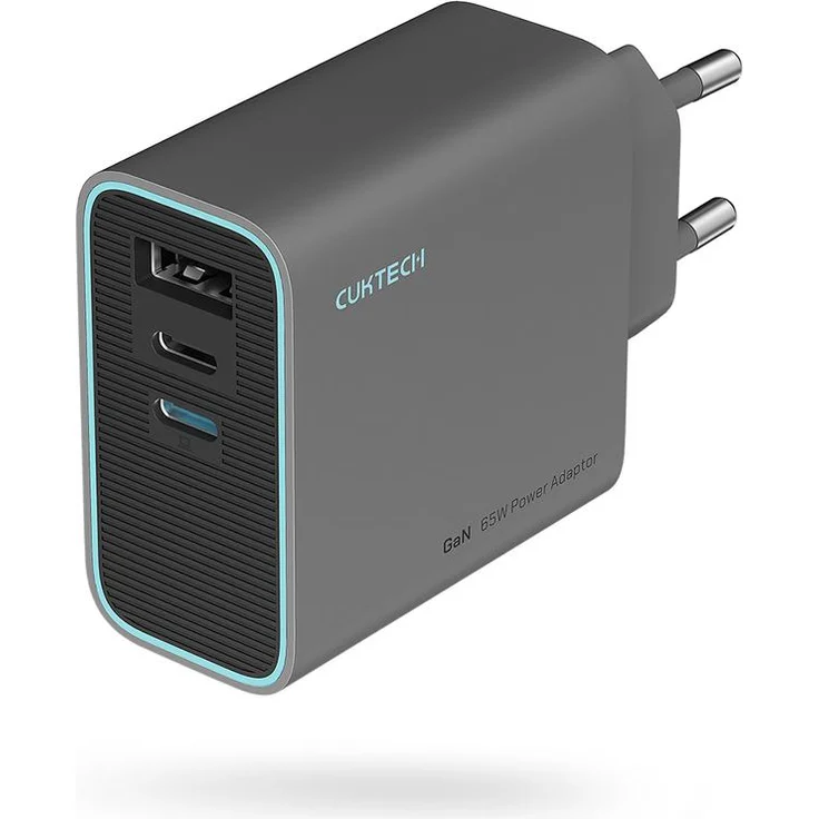 Cuktech CUKAD653EU 65W GaN Ladegerät, Wandladegerät mit 2 x USB-C und 1 x USB-A, Grau, unterstützt PD3.0, QC3.5 und PPS