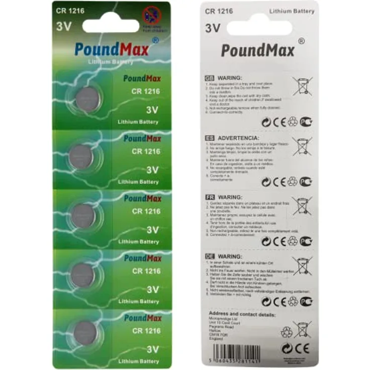 PoundMax Lithium-Knopfzellenbatterien, 1216, DL1216, 3 V, 5 Stück