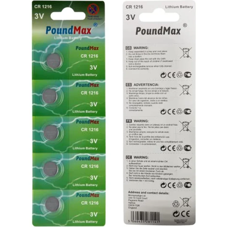 PoundMax Lithium-Knopfzellenbatterien, 1216, DL1216, 3 V, 5 Stück – Bild 1
