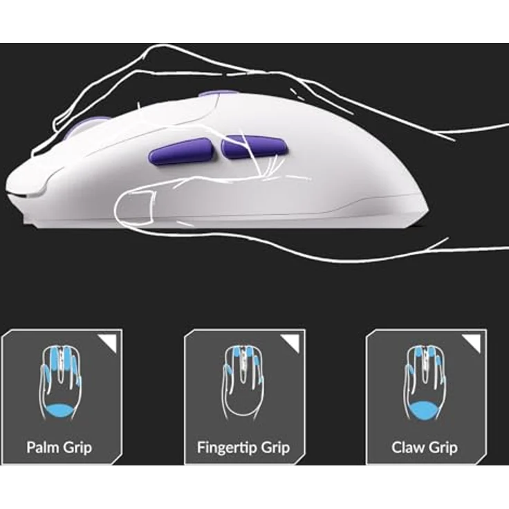 Akko Pulse 01 Kabellose Gaming-Maus, Dual-8-kHz-Polling, PAW 3950-Sensor, 8 einstellbare DPI, 7 programmierbare Tasten, Bluetooth/2,4G/Kabelanschluss, 500-mAh-Akku, Weiß, nicht für Mac – Bild 5