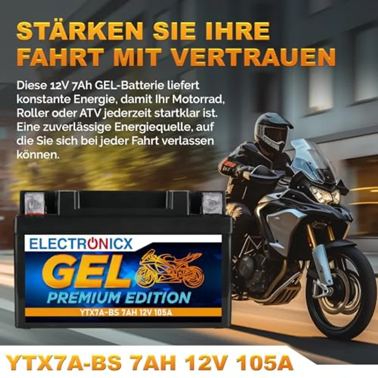 Electronicx GEL-YTX7A-BS Motorradbatterie 7Ah 12V, wartungsfrei, auslaufsicher, vibrationsfest für Motorrad, Roller, Quad und Jetski – Bild 2